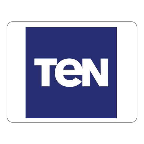 An image of a dark blue square logo with the word "TEN" in bold white capital letters. The "E" is stylized such that it is partially connected to the "T" and the "N," giving the word a cohesive and unique design. The logo is centered on a white background.