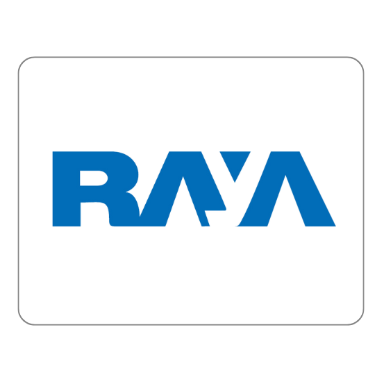 The image displays a logo with the word "RAYA" in bold, blue uppercase letters on a white background. The "A" in the middle features a small triangle cutout at the top. The logo is bordered by a thin black outline.