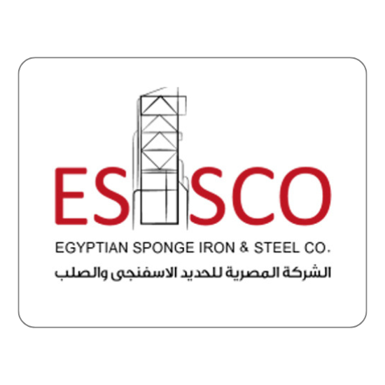 Logo of the Egyptian Sponge Iron & Steel Co. (ESISCO). The text "ESISCO" is prominently displayed in red with a minimalistic outline of industrial factory equipment in the middle. The full name of the company is written below in English and Arabic.