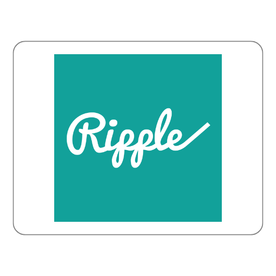 A teal square with the word "Ripple" written in a cursive, white font is centered on a black background. The teal square appears to be on the screen of a black tablet or device.