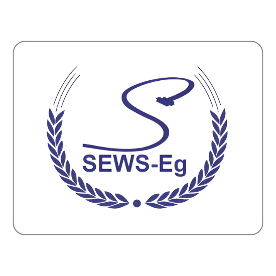 Logo featuring a stylized "S" above the text "SEWS-Eg," surrounded by a laurel wreath motif with a dot at the bottom center. The design is in shades of blue.