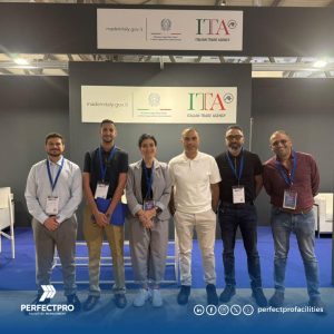 Facility Management Company Team at Issa Pulire Network event. Sixth consecutive year of participation. Italian Trade Agency logo visible.