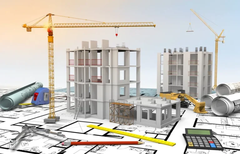 Facility Management Company Construction site with blueprints, cranes, and building models, illustrating hard services.