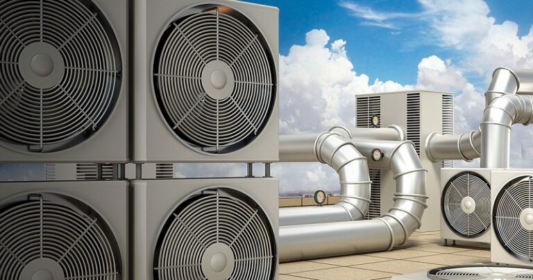 Facility Management Company Rooftop HVAC units and ductwork, essential hard services for building climate control.
