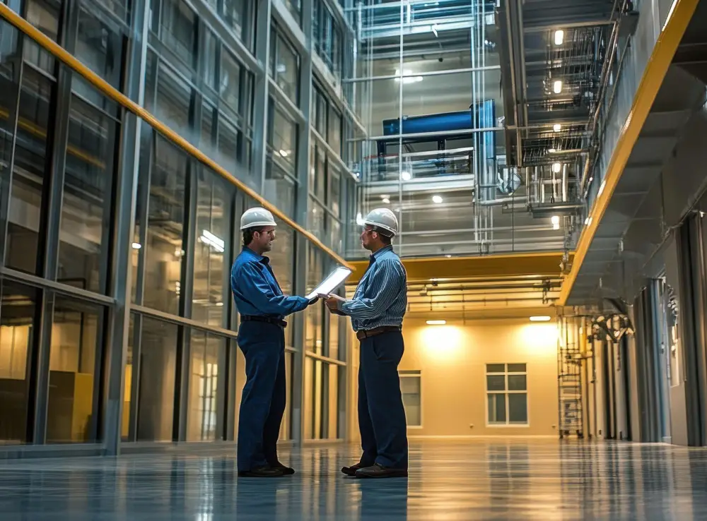 Facility Management Company Two men in hard hats discuss plans in a modern industrial facility.