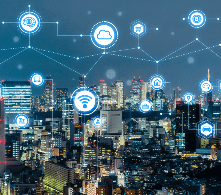 Facility Management Company Network icons like cloud, shopping cart, home, wifi, and car connect above a cityscape.