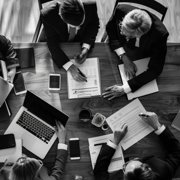 Facility Management Company Team of facility management professionals meeting around a table, reviewing documents.